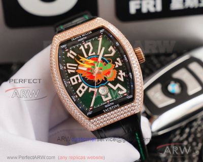 AAA Replica Franck Muller Vanguard Yachting Dragon King V45 Rose Gold Diamond Case Green Face Watch